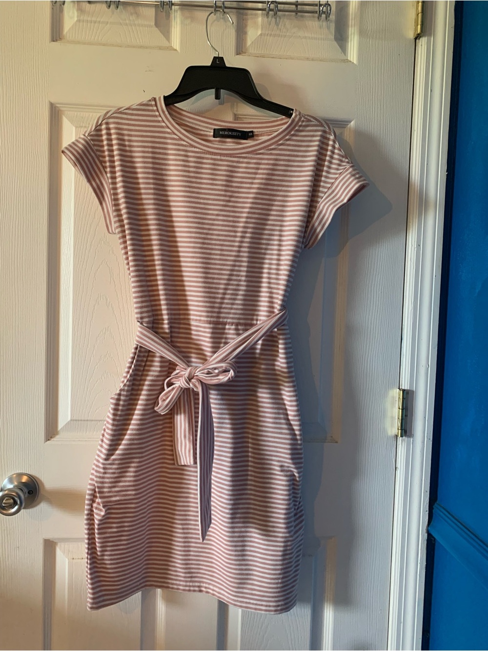 Merokeety pink and white Striped Tie-Waist Mini Dress